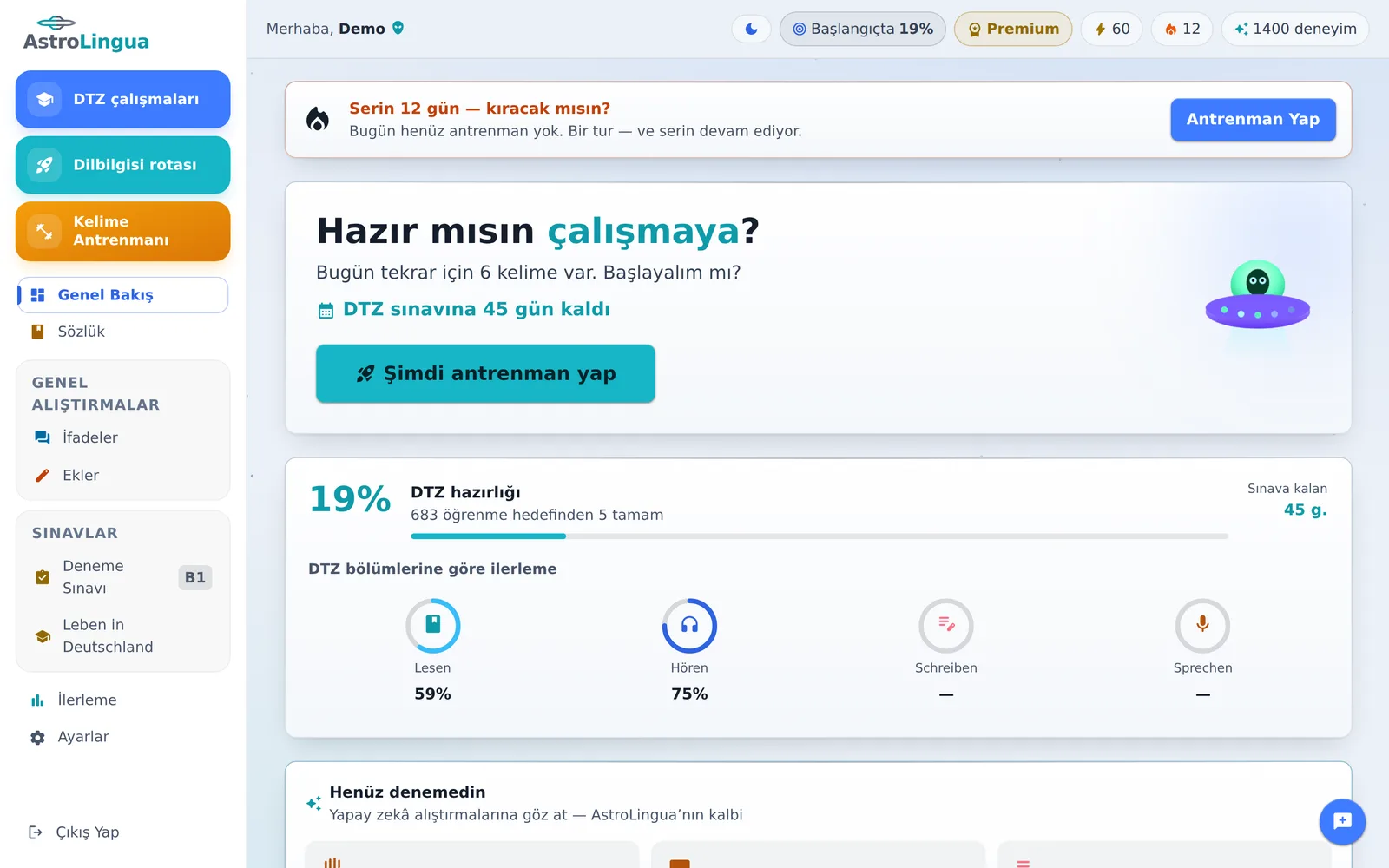 Tarayıcıda AstroLingua: günün planı ve DTZ bölümlerindeki ilerleme